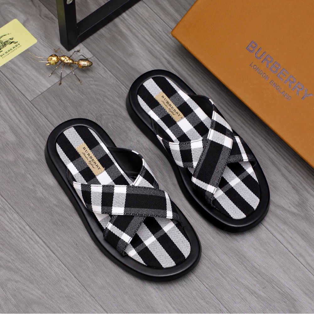 Burberry Black & White Slides with Checked Texture